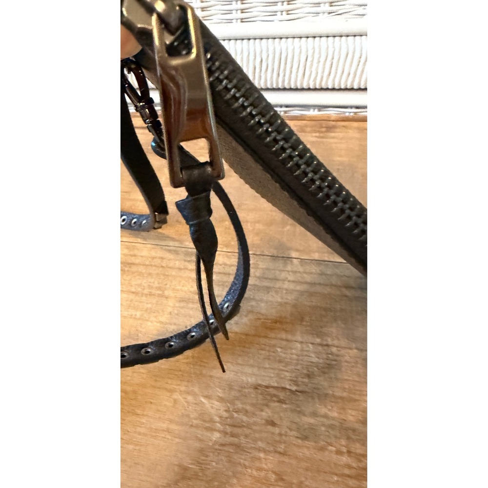 Bandolier Black Pebbled Leather Pouch Studded Crossbody Strap Gunmetal Hardware - Picture 6 of 11